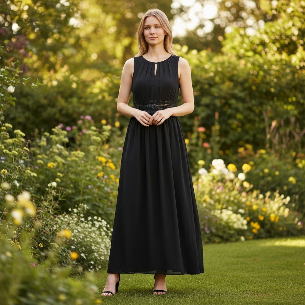 Ever Pretty Maxi Dress Womens 12 Black Sequin Empire Waist Formal Evening Gown